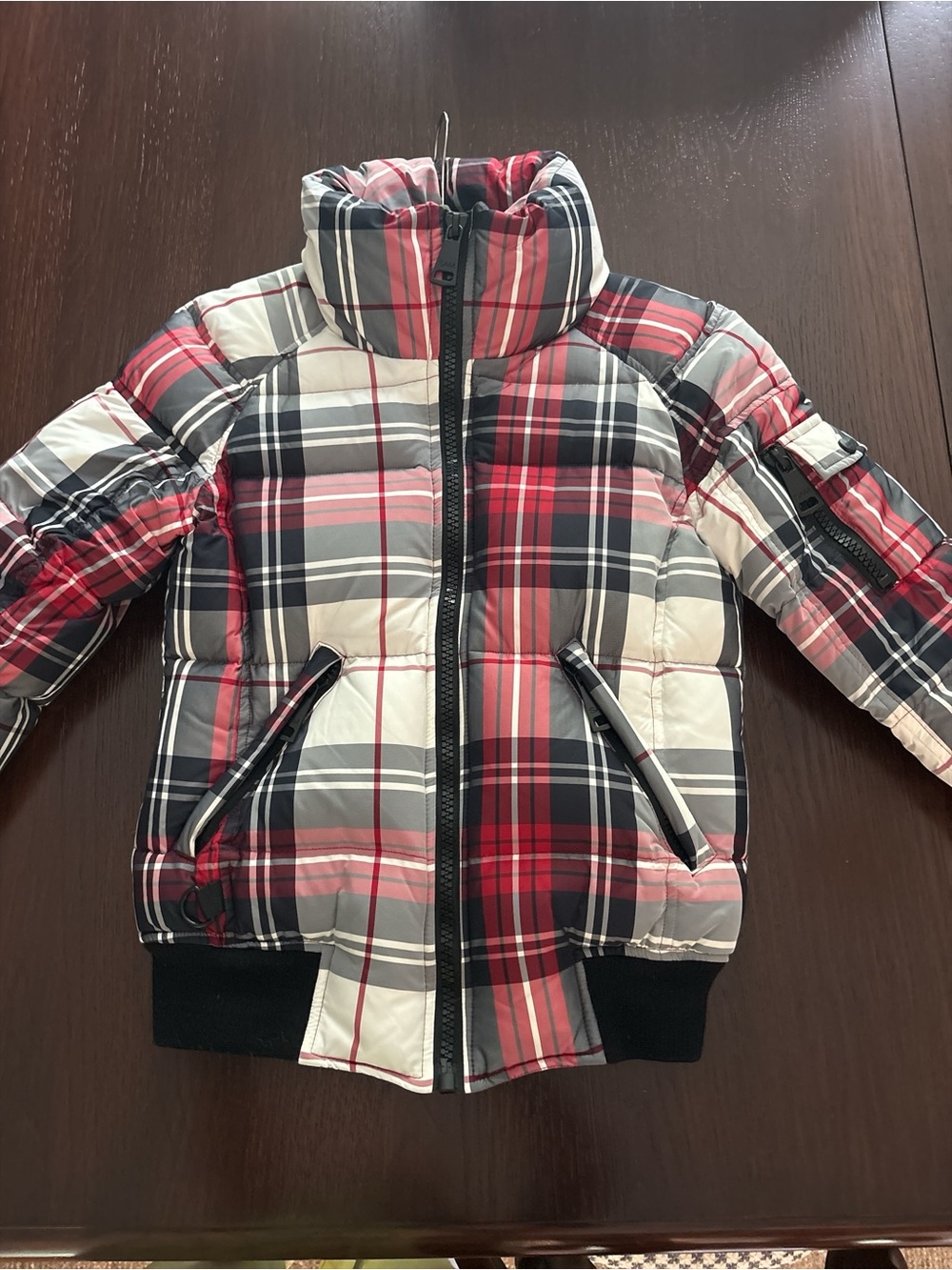 SAM. Plaid Puffer Jacket in Red, Black & White